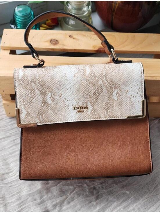 Dune London Handbags - Dune London Colorblock Satchel Top Handle Bag Snakeskin Flap Brown White